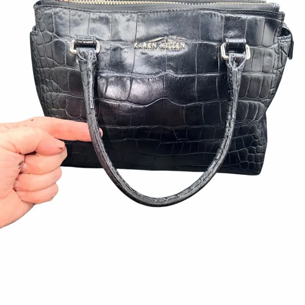 Karen Millen Black Croc Embossed Leather Satchel Top Handle Bag
